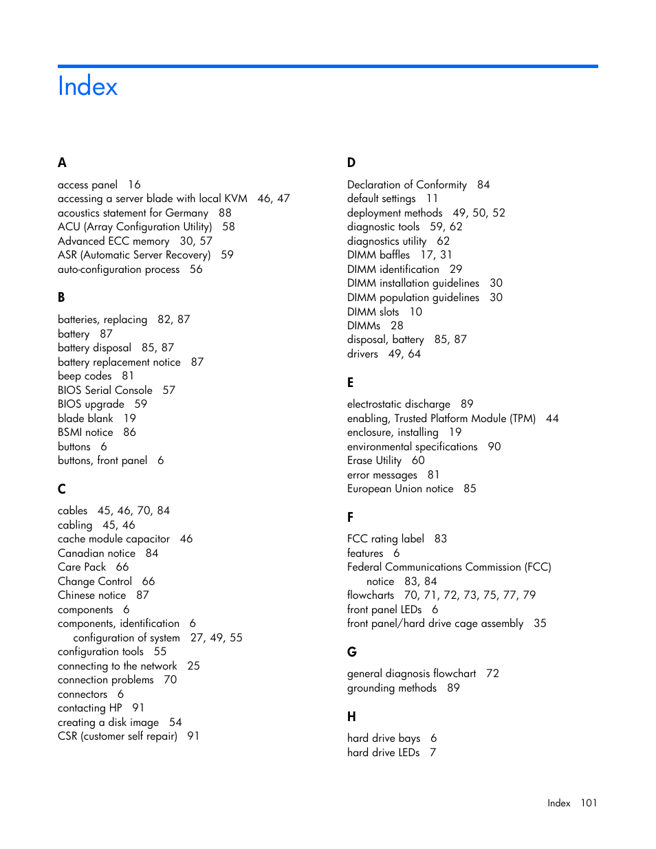 Index | HP ProLiant BL685c G7 Server-Blade User Manual | Page 101 / 103