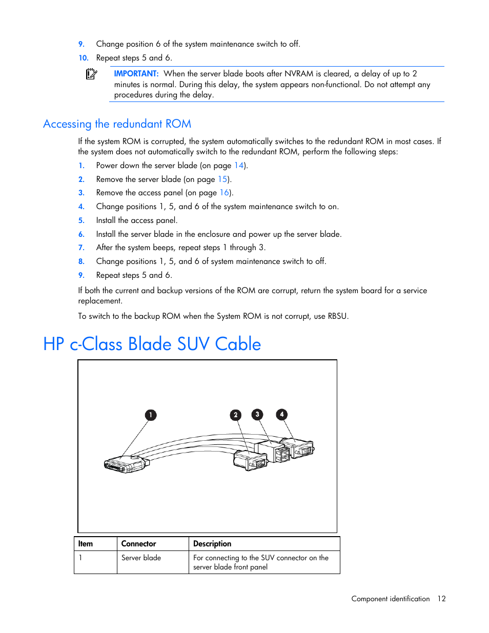Accessing the redundant rom, Hp c-class blade suv cable | HP ProLiant BL685c G7 Server-Blade User Manual | Page 12 / 103