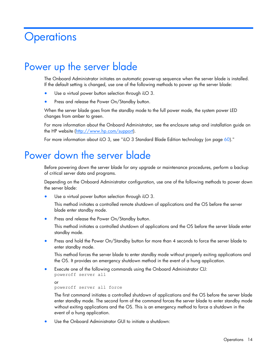 Operations, Power up the server blade, Power down the server blade | HP ProLiant BL685c G7 Server-Blade User Manual | Page 14 / 103