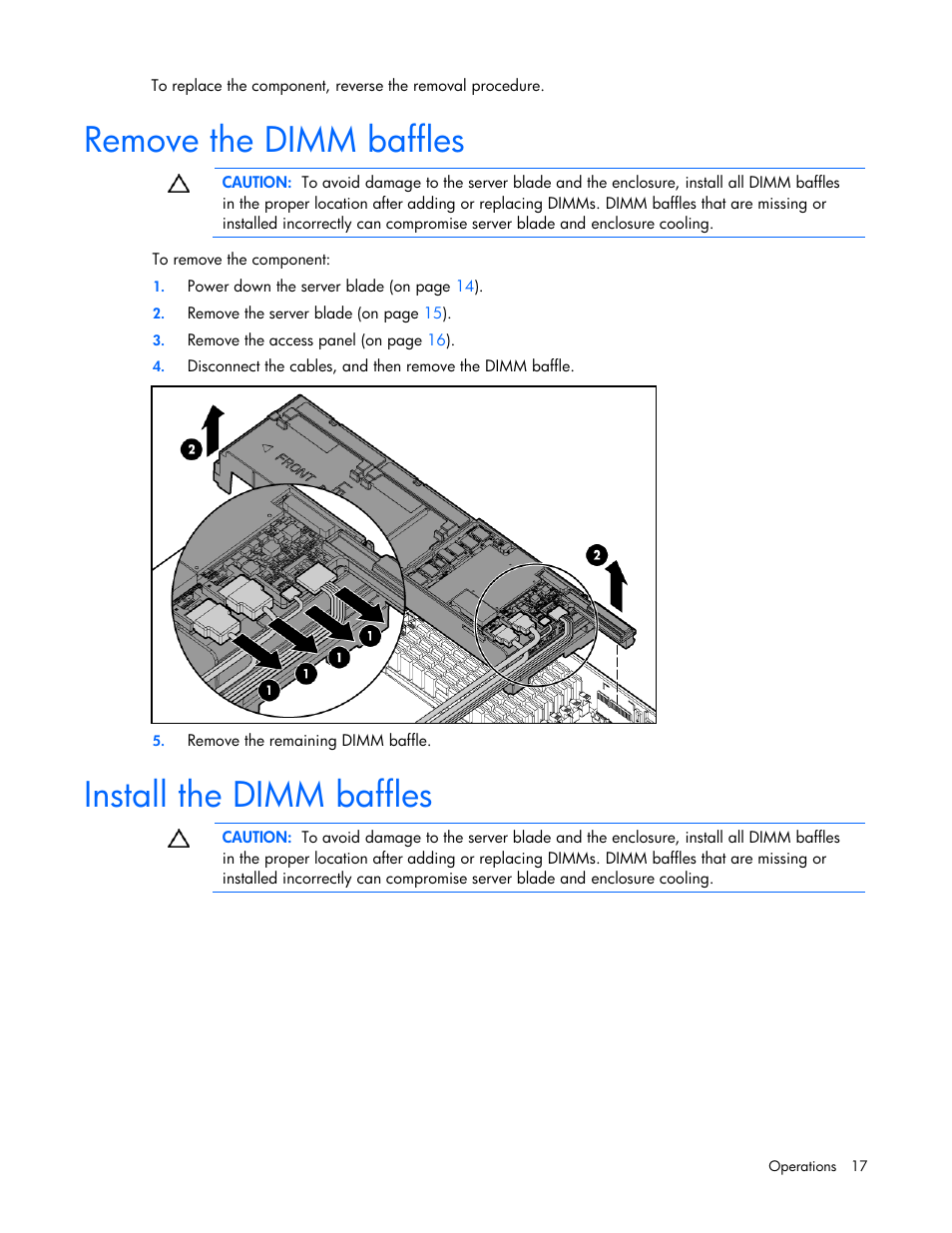 Remove the dimm baffles, Install the dimm baffles, Remove the dimm baffles install the dimm baffles | HP ProLiant BL685c G7 Server-Blade User Manual | Page 17 / 103