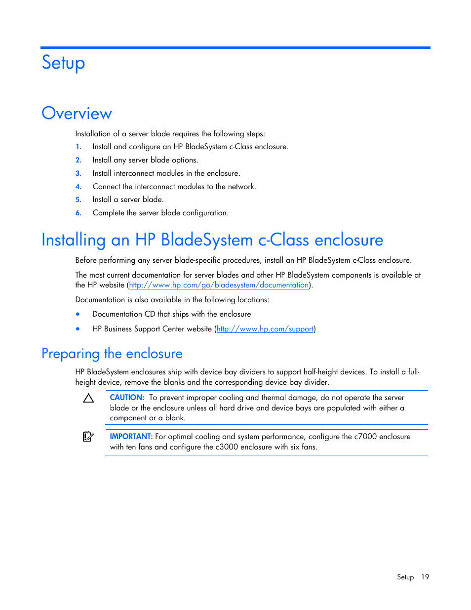 Setup, Overview, Installing an hp bladesystem c-class enclosure | Preparing the enclosure | HP ProLiant BL685c G7 Server-Blade User Manual | Page 19 / 103