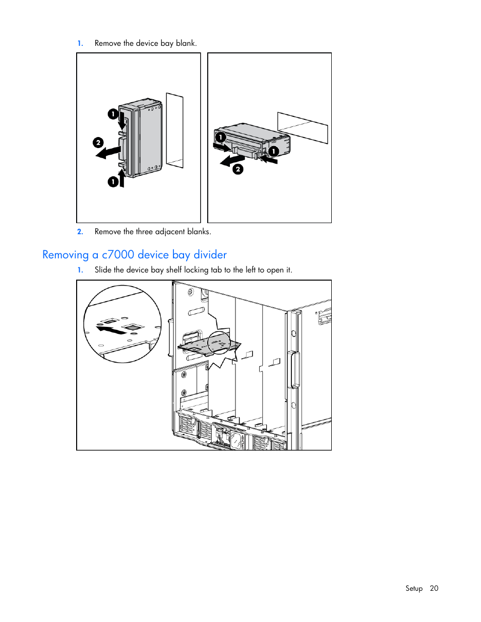 Removing a c7000 device bay divider | HP ProLiant BL685c G7 Server-Blade User Manual | Page 20 / 103