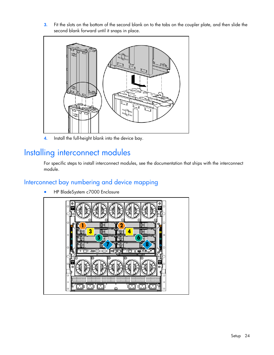 Installing interconnect modules, Interconnect bay numbering and device mapping | HP ProLiant BL685c G7 Server-Blade User Manual | Page 24 / 103