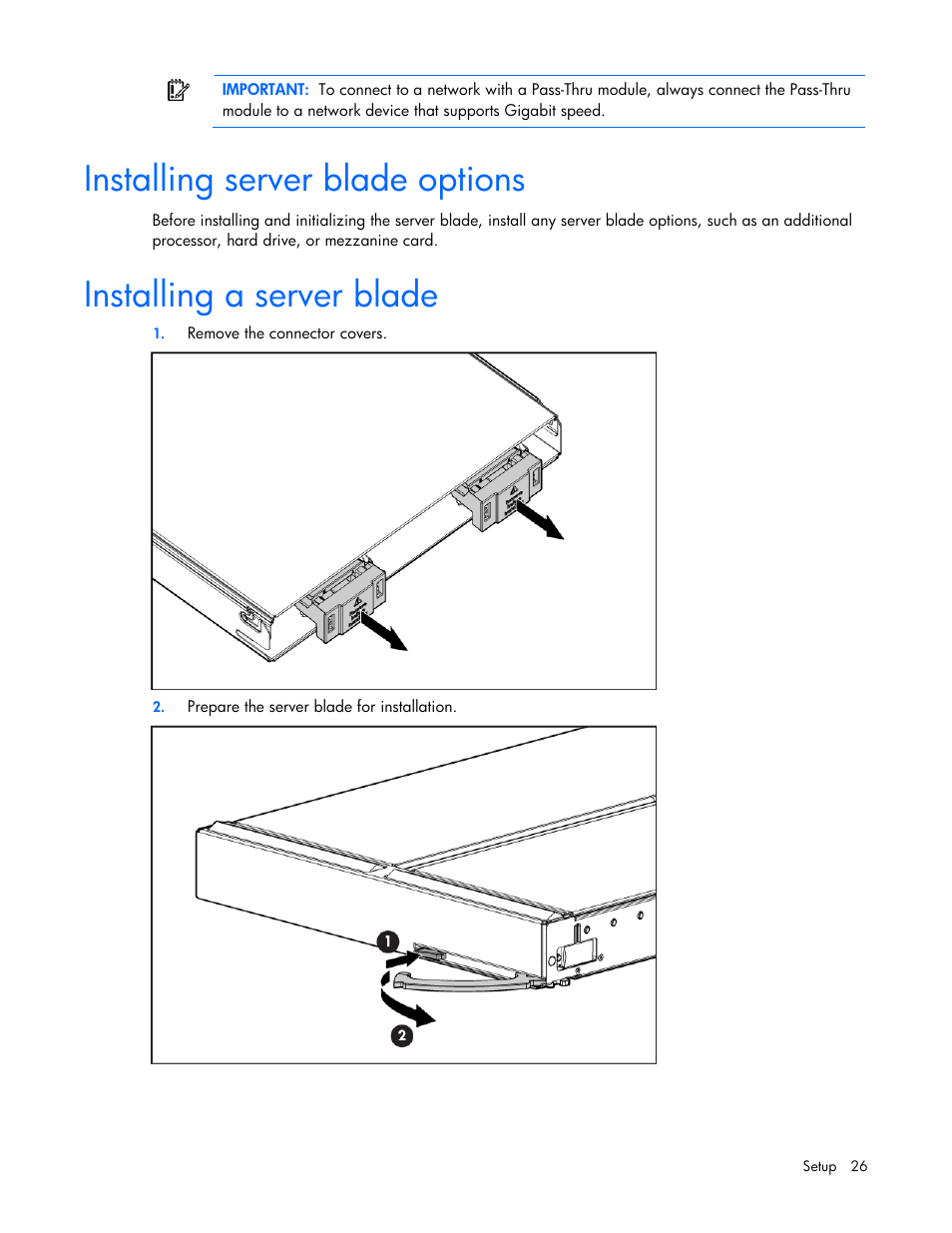 Installing server blade options, Installing a server blade | HP ProLiant BL685c G7 Server-Blade User Manual | Page 26 / 103