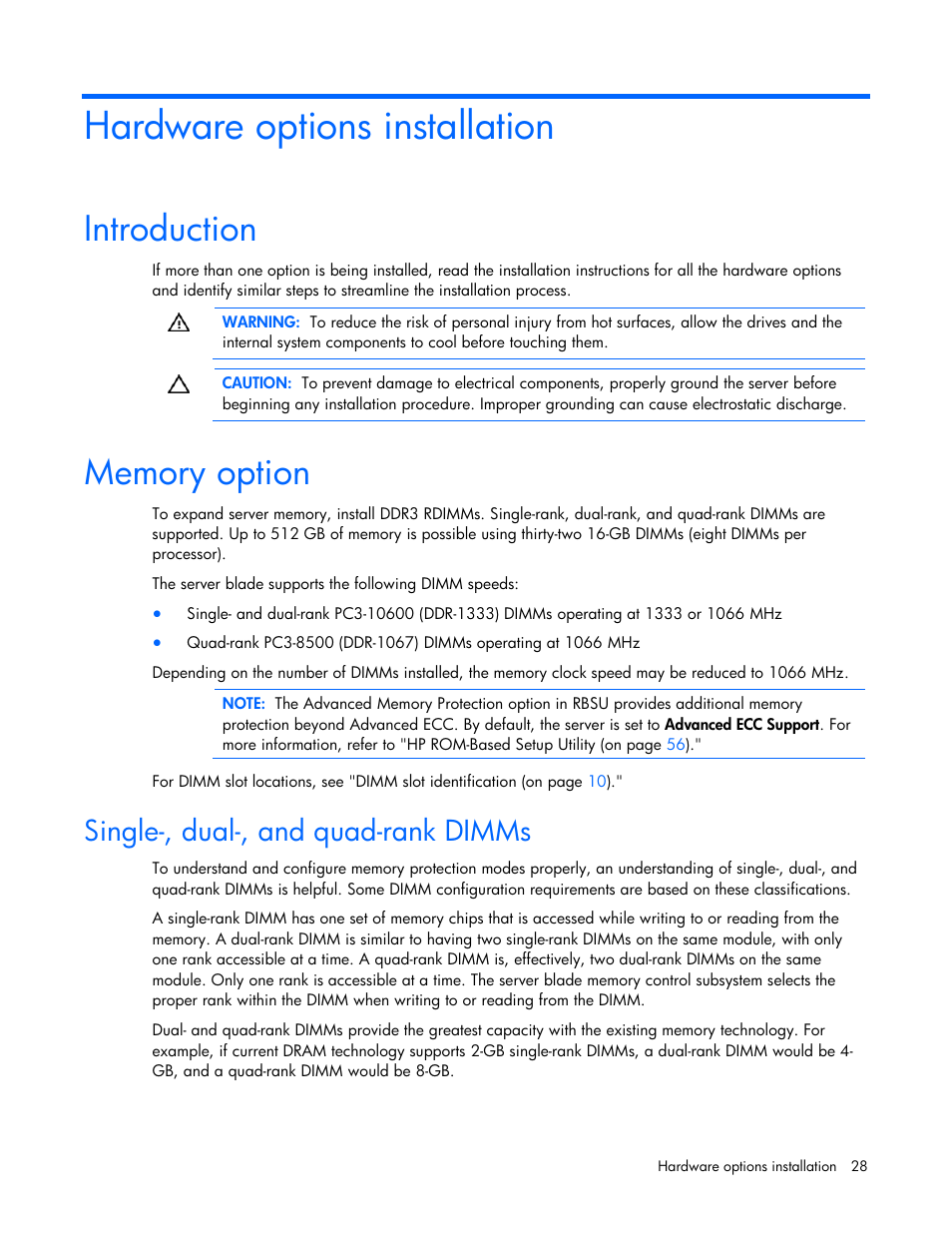 Hardware options installation, Introduction, Memory option | Single-, dual-, and quad-rank dimms, Introduction memory option | HP ProLiant BL685c G7 Server-Blade User Manual | Page 28 / 103