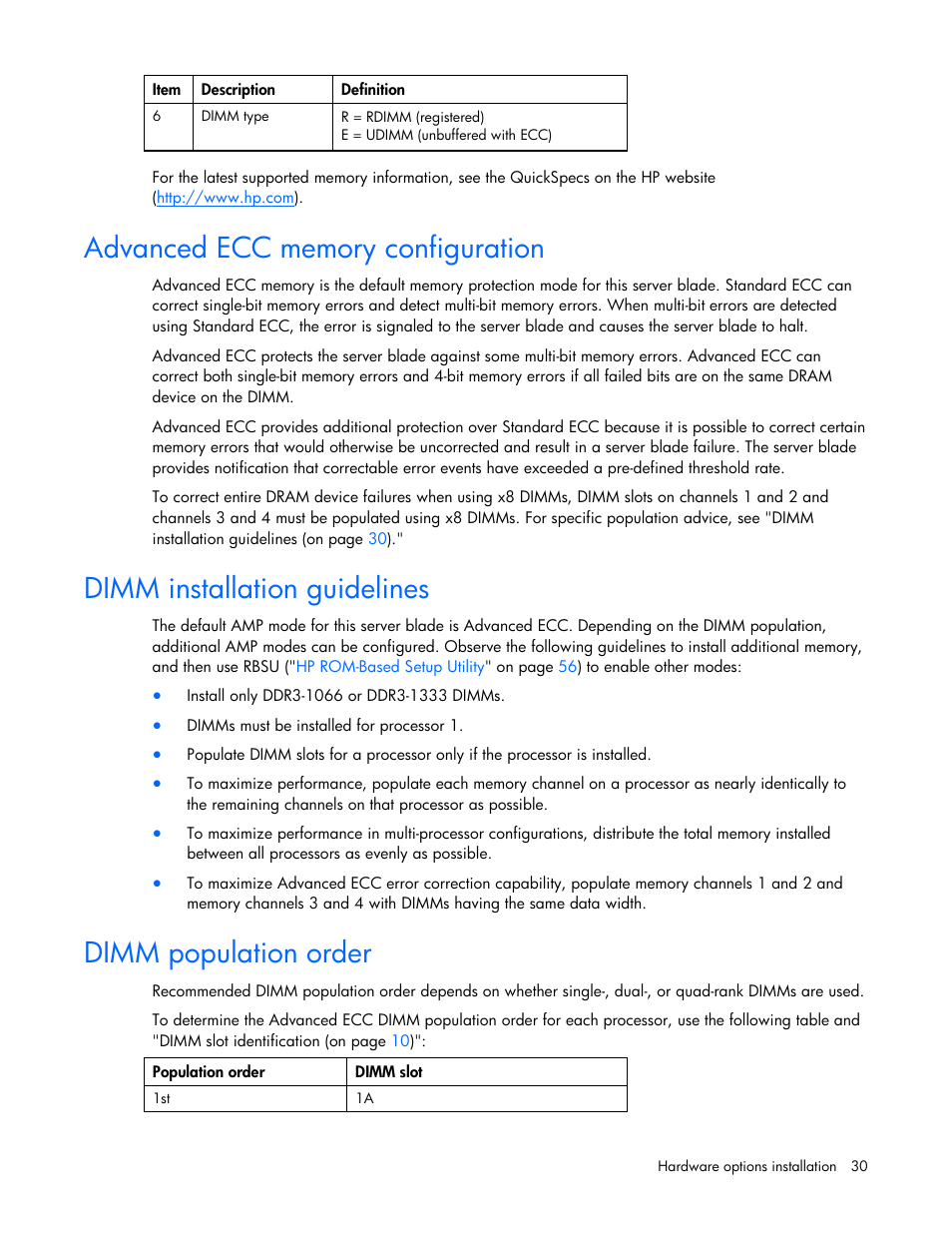 Advanced ecc memory configuration, Dimm installation guidelines, Dimm population order | HP ProLiant BL685c G7 Server-Blade User Manual | Page 30 / 103