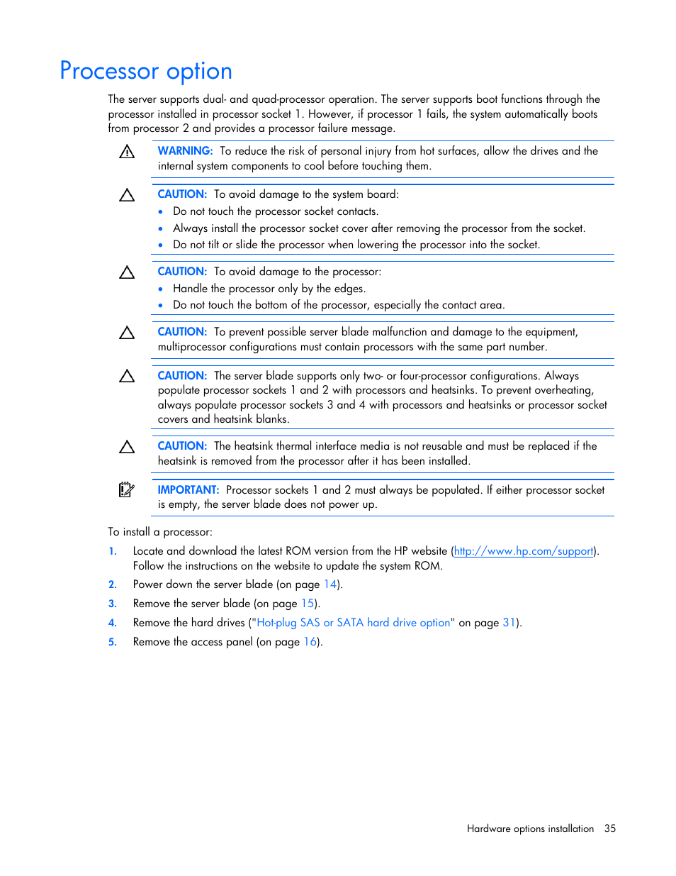 Processor option | HP ProLiant BL685c G7 Server-Blade User Manual | Page 35 / 103