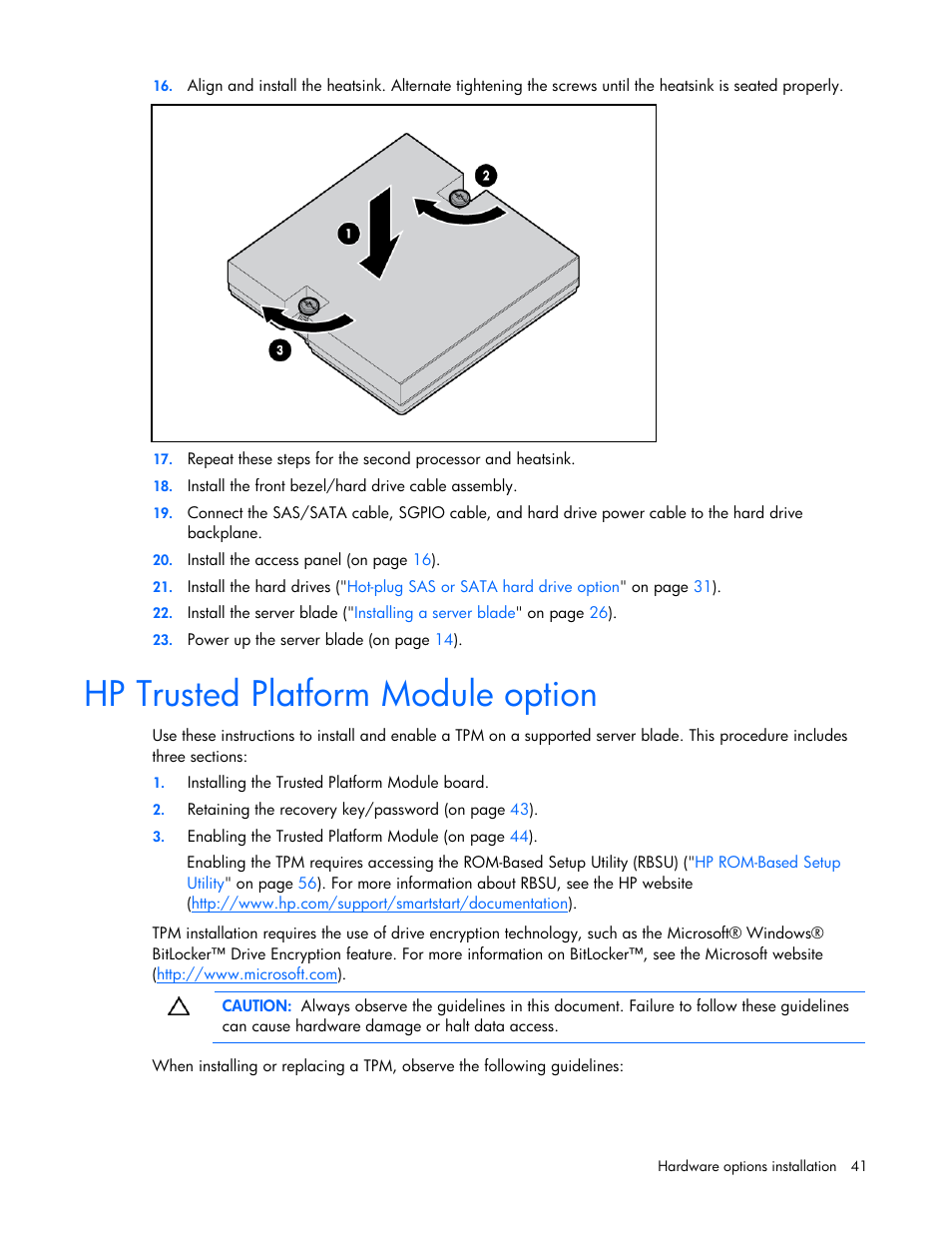 Hp trusted platform module option | HP ProLiant BL685c G7 Server-Blade User Manual | Page 41 / 103