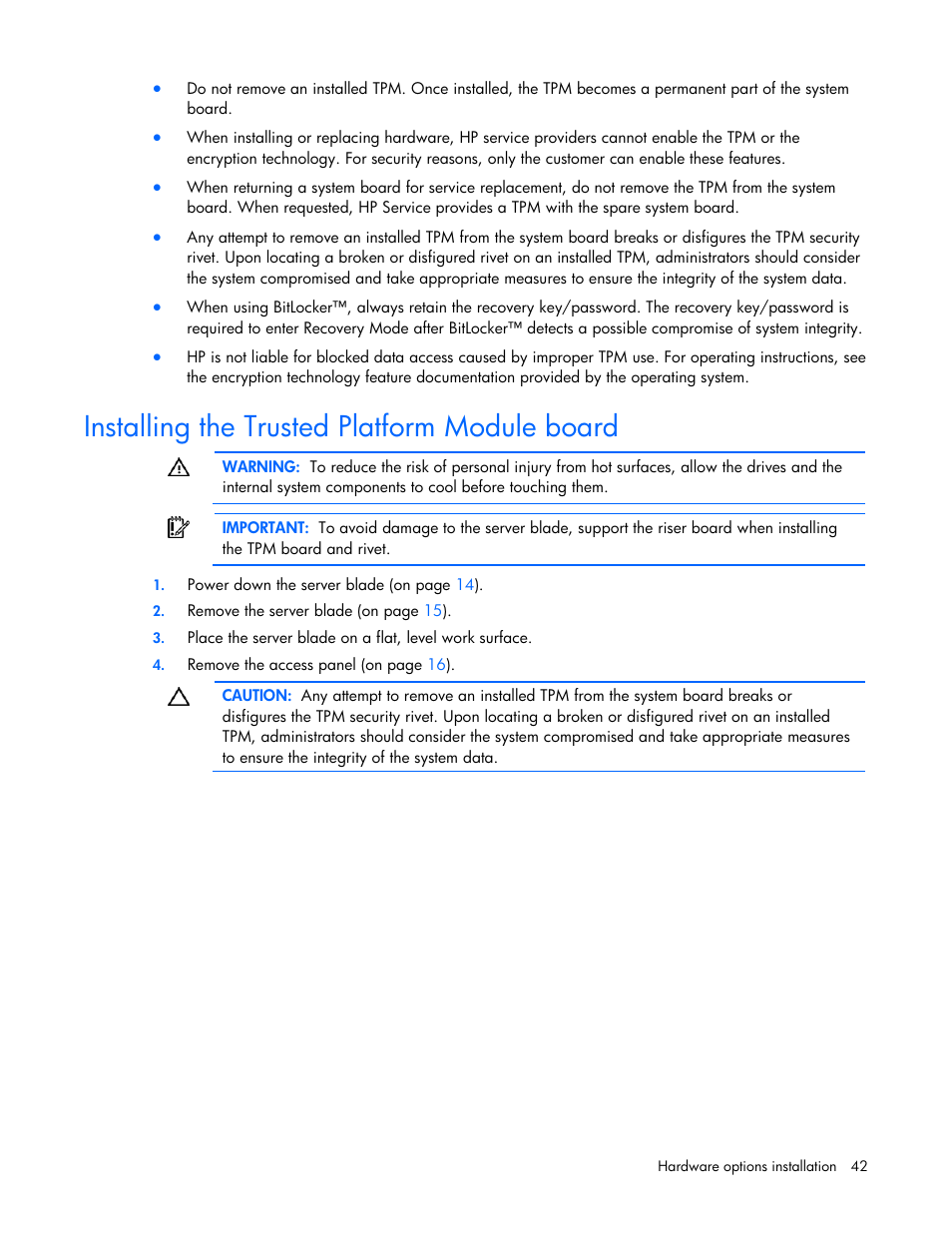 Installing the trusted platform module board | HP ProLiant BL685c G7 Server-Blade User Manual | Page 42 / 103