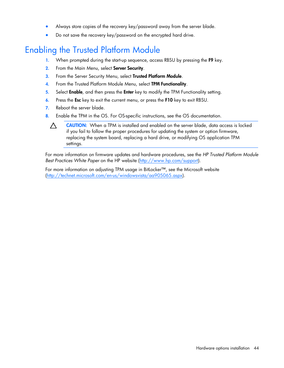 Enabling the trusted platform module | HP ProLiant BL685c G7 Server-Blade User Manual | Page 44 / 103
