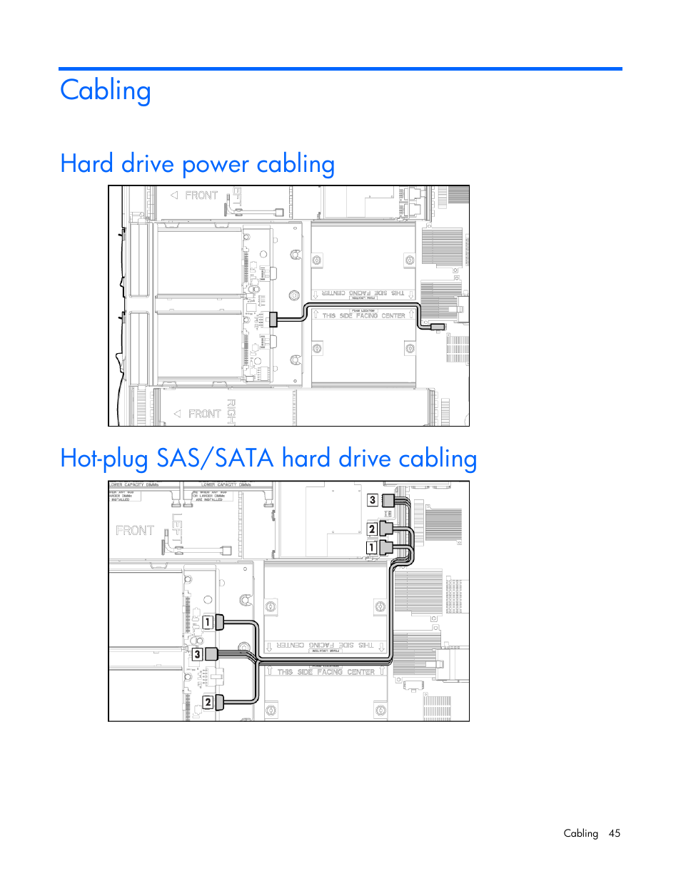 Cabling, Hard drive power cabling, Hot-plug sas/sata hard drive cabling | HP ProLiant BL685c G7 Server-Blade User Manual | Page 45 / 103