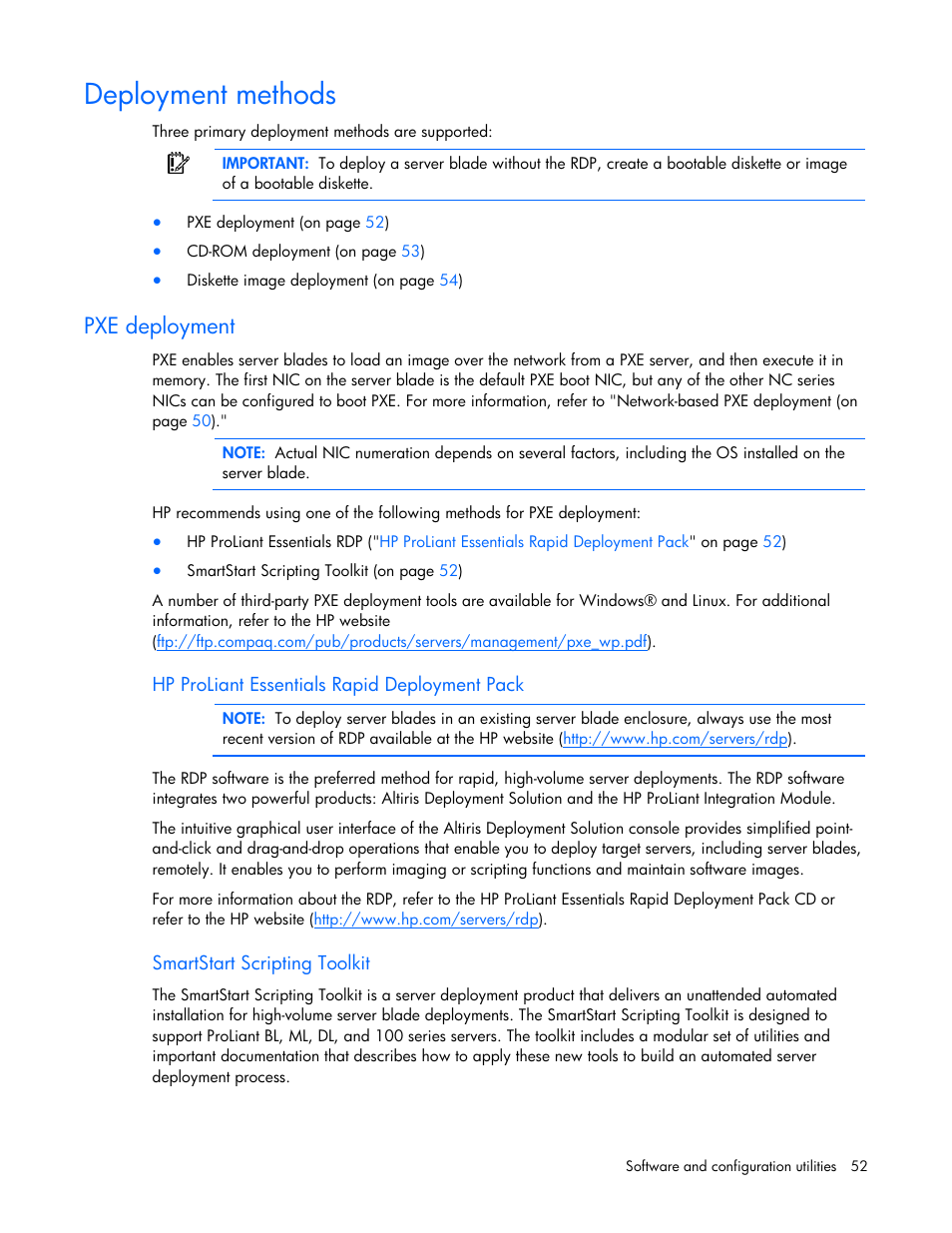 Deployment methods, Pxe deployment, Hp proliant essentials rapid deployment pack | Smartstart scripting toolkit | HP ProLiant BL685c G7 Server-Blade User Manual | Page 52 / 103