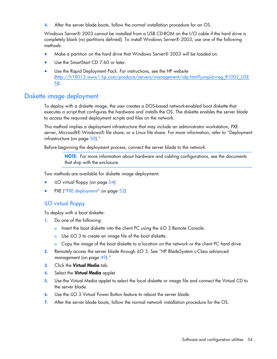 Diskette image deployment, Ilo virtual floppy | HP ProLiant BL685c G7 Server-Blade User Manual | Page 54 / 103