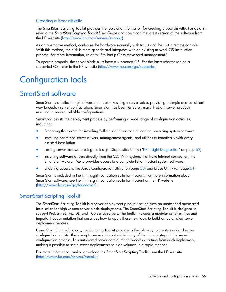 Creating a boot diskette, Configuration tools, Smartstart software | Smartstart scripting toolkit | HP ProLiant BL685c G7 Server-Blade User Manual | Page 55 / 103