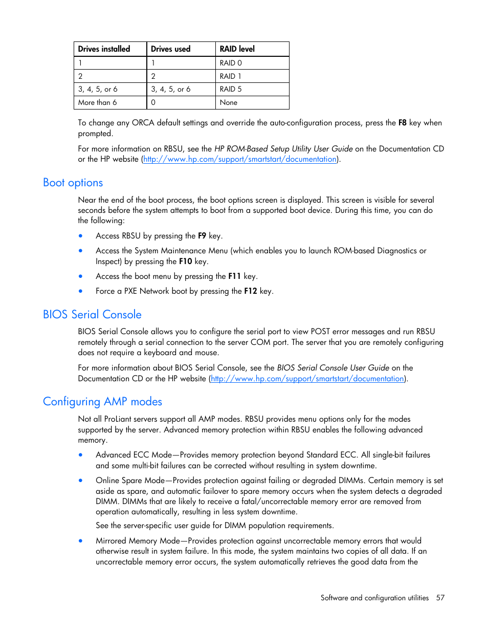 Boot options, Bios serial console, Configuring amp modes | HP ProLiant BL685c G7 Server-Blade User Manual | Page 57 / 103