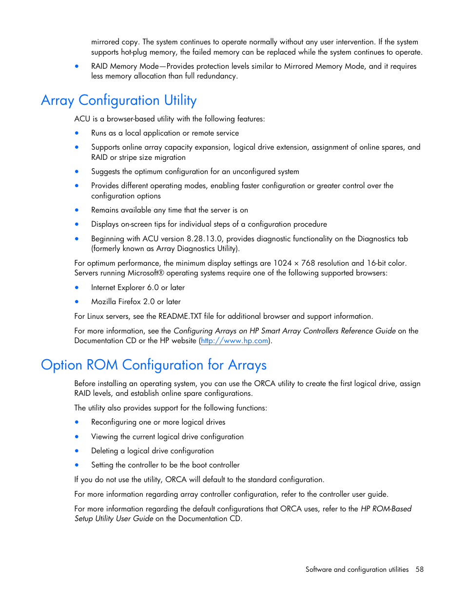 Array configuration utility, Option rom configuration for arrays | HP ProLiant BL685c G7 Server-Blade User Manual | Page 58 / 103