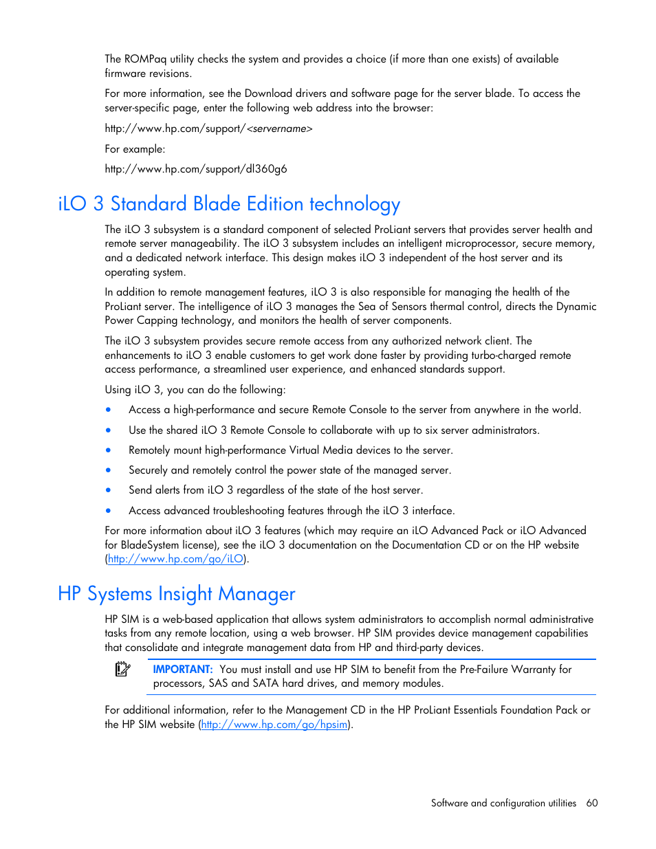 Ilo 3 standard blade edition technology, Hp systems insight manager | HP ProLiant BL685c G7 Server-Blade User Manual | Page 60 / 103