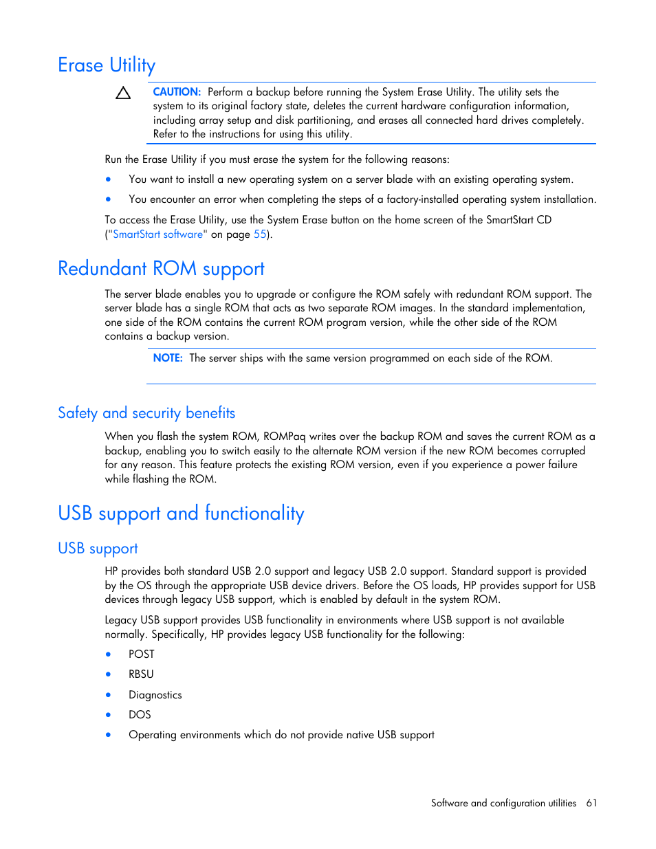 Erase utility, Redundant rom support, Safety and security benefits | Usb support and functionality, Usb support | HP ProLiant BL685c G7 Server-Blade User Manual | Page 61 / 103