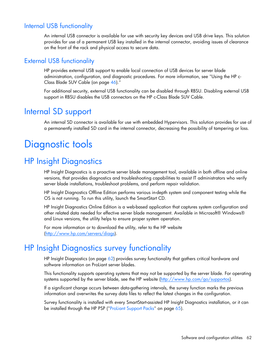 Internal usb functionality, External usb functionality, Internal sd support | Diagnostic tools, Hp insight diagnostics, Hp insight diagnostics survey functionality | HP ProLiant BL685c G7 Server-Blade User Manual | Page 62 / 103