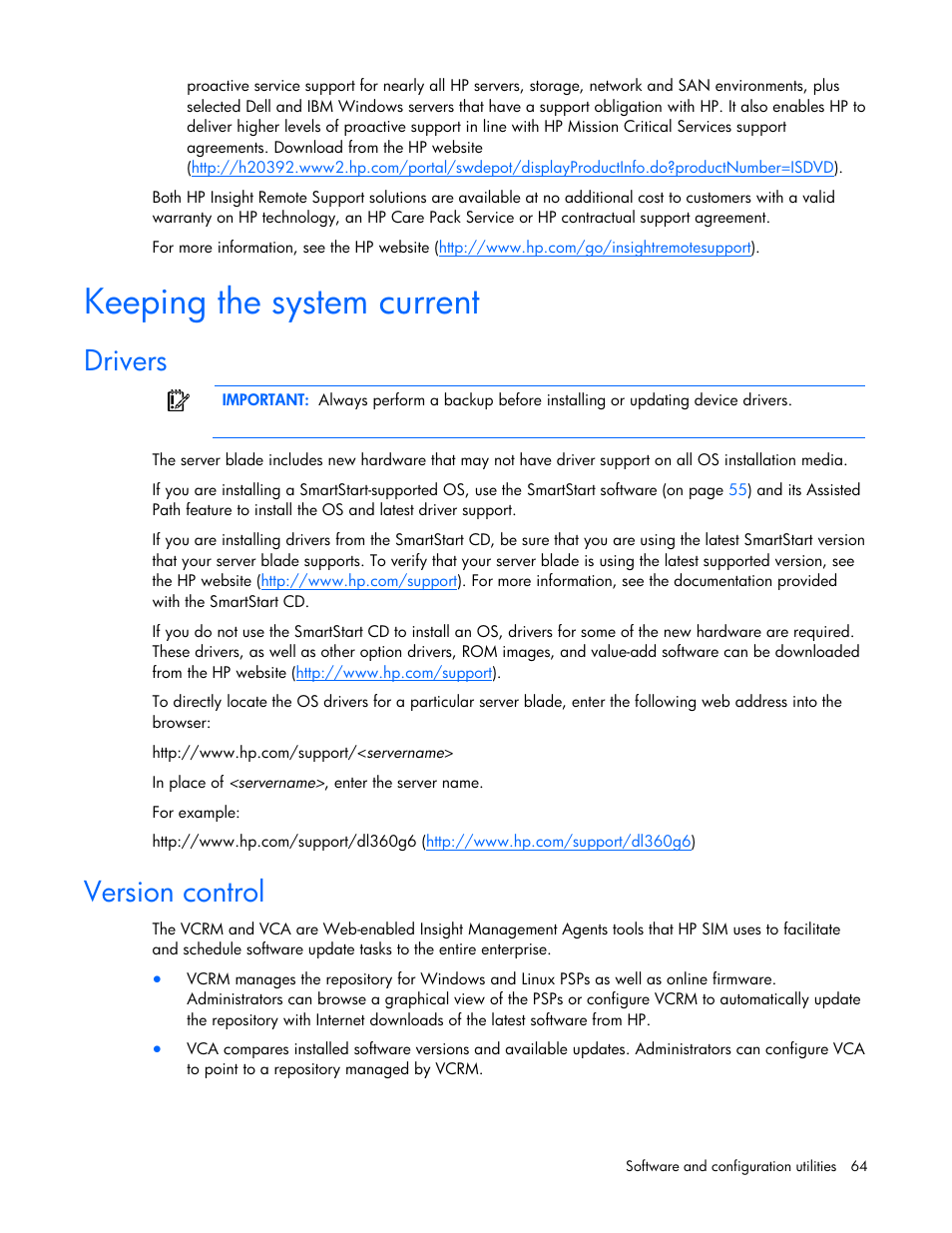 Keeping the system current, Drivers, Version control | Drivers version control | HP ProLiant BL685c G7 Server-Blade User Manual | Page 64 / 103