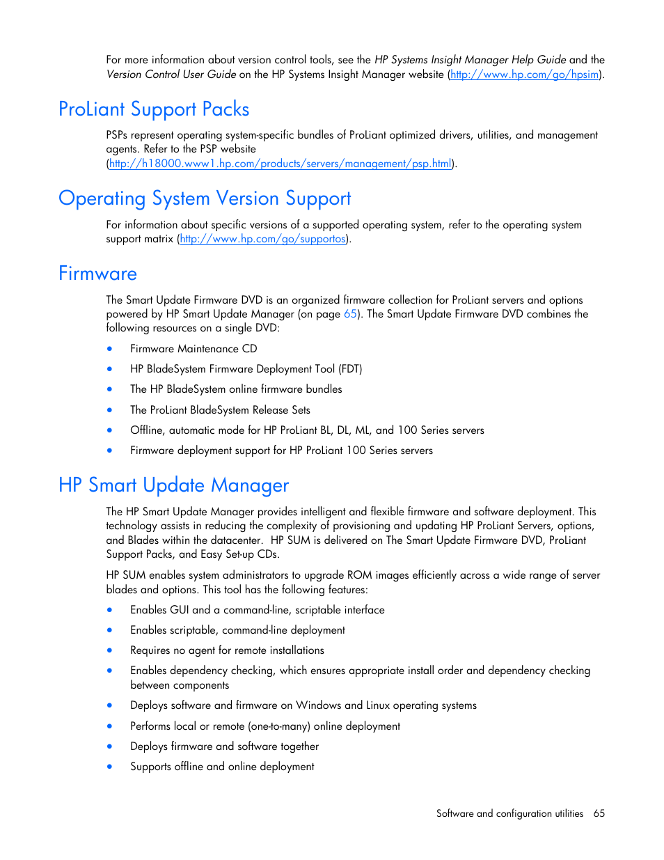 Proliant support packs, Operating system version support, Firmware | Hp smart update manager | HP ProLiant BL685c G7 Server-Blade User Manual | Page 65 / 103