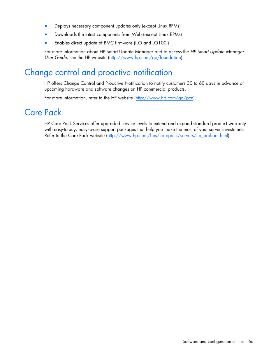 Change control and proactive notification, Care pack | HP ProLiant BL685c G7 Server-Blade User Manual | Page 66 / 103