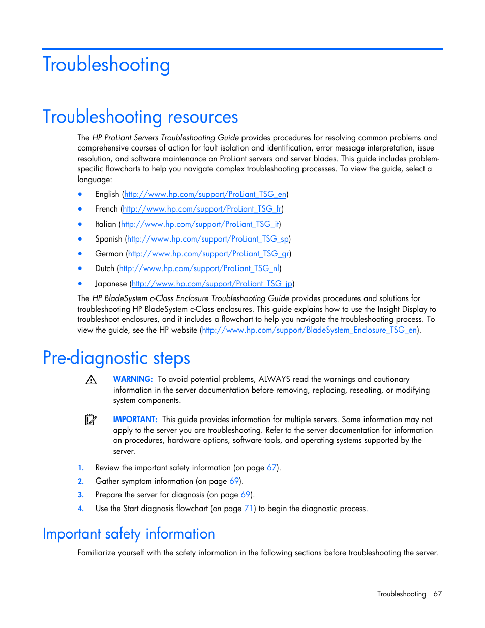 Troubleshooting, Troubleshooting resources, Pre-diagnostic steps | Important safety information, Troubleshooting resources pre-diagnostic steps | HP ProLiant BL685c G7 Server-Blade User Manual | Page 67 / 103