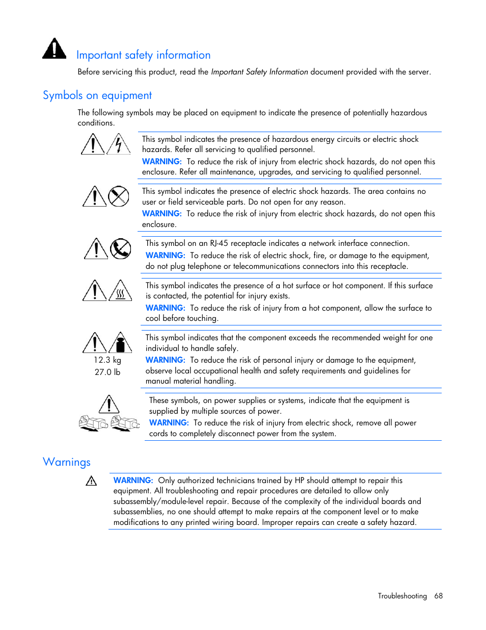Symbols on equipment, Warnings, Important safety information | HP ProLiant BL685c G7 Server-Blade User Manual | Page 68 / 103