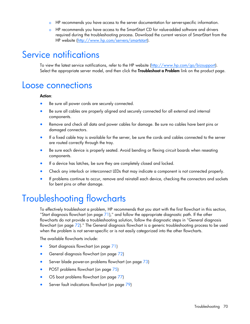 Service notifications, Loose connections, Troubleshooting flowcharts | HP ProLiant BL685c G7 Server-Blade User Manual | Page 70 / 103