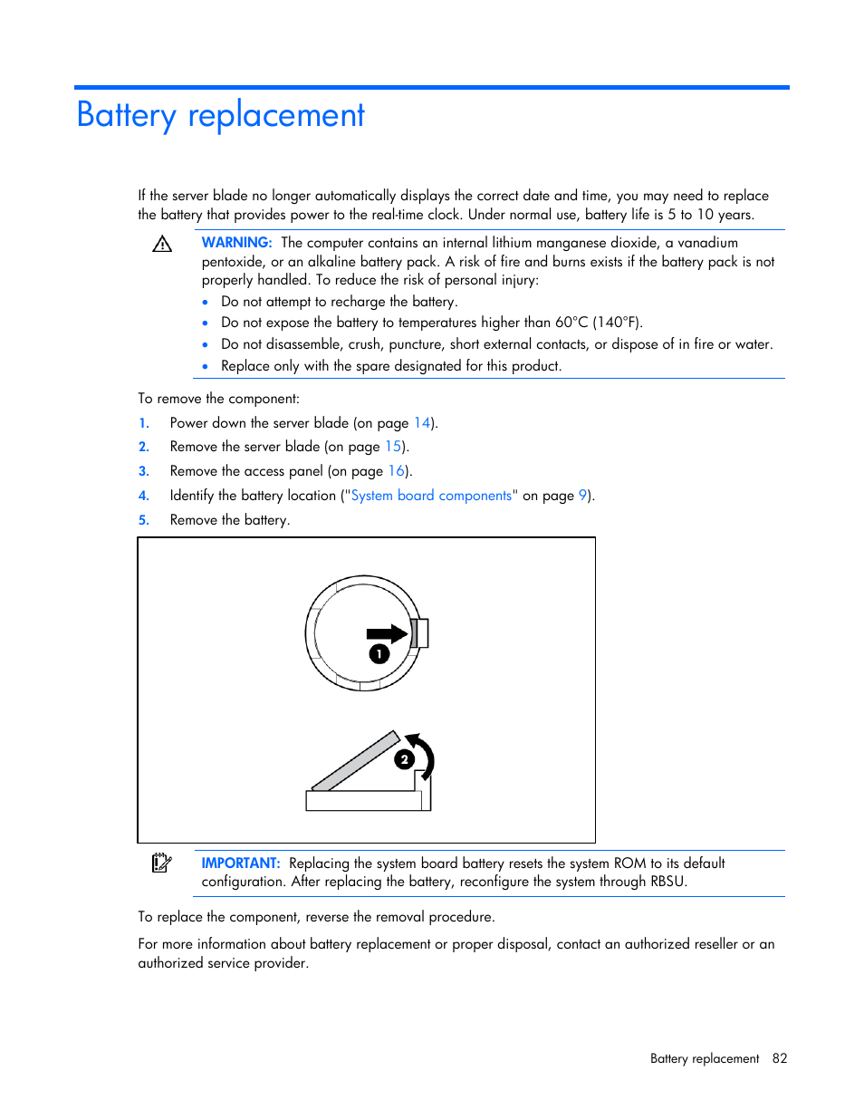Battery replacement | HP ProLiant BL685c G7 Server-Blade User Manual | Page 82 / 103