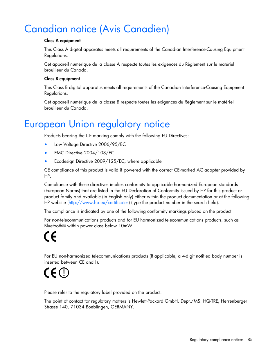 Canadian notice (avis canadien), European union regulatory notice | HP ProLiant BL685c G7 Server-Blade User Manual | Page 85 / 103