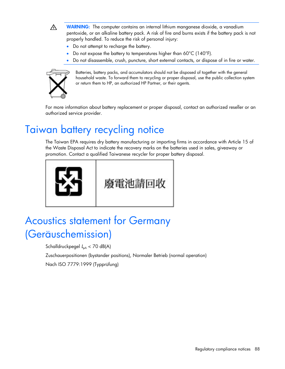 Taiwan battery recycling notice, Acoustics statement for germany (geräuschemission) | HP ProLiant BL685c G7 Server-Blade User Manual | Page 88 / 103