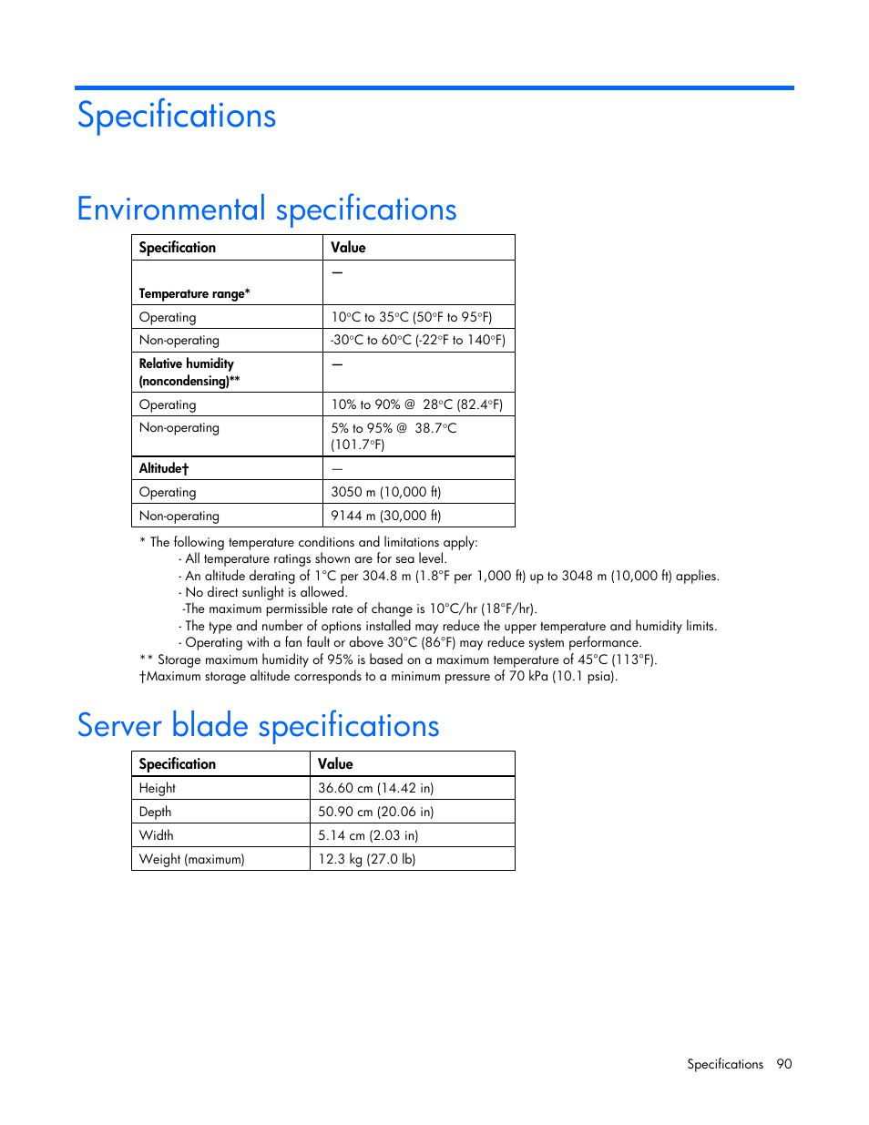 Specifications, Environmental specifications, Server blade specifications | HP ProLiant BL685c G7 Server-Blade User Manual | Page 90 / 103