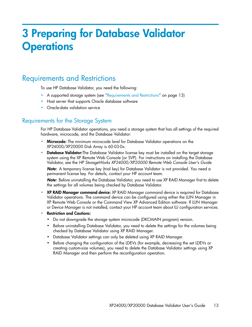 3 preparing for database validator operations, Requirements and restrictions, Requirements for the storage system | HP XP Array Manager Software User Manual | Page 13 / 36