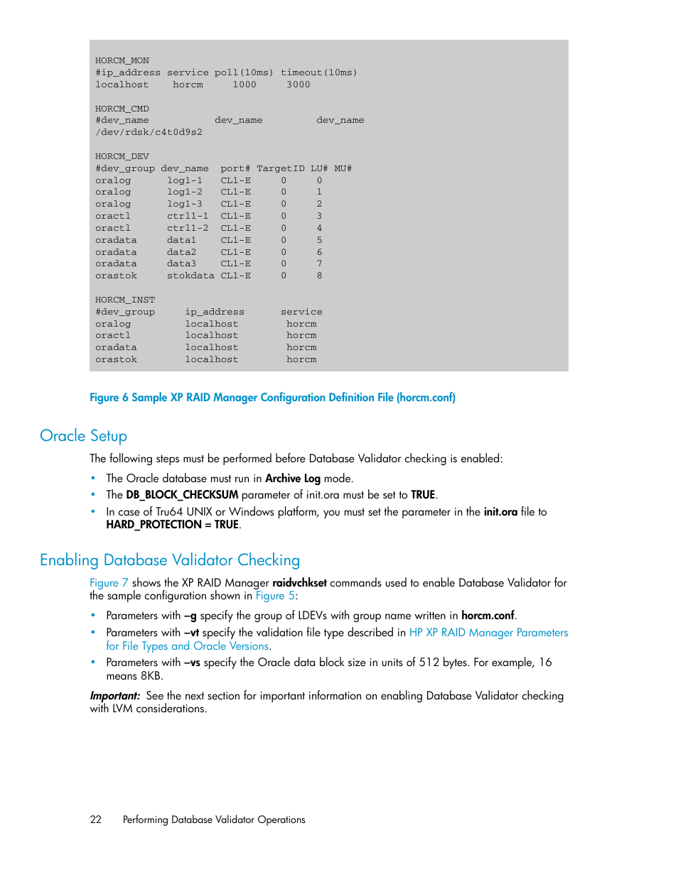 Oracle setup, Enabling database validator checking, 22 enabling database validator checking | HP XP Array Manager Software User Manual | Page 22 / 36