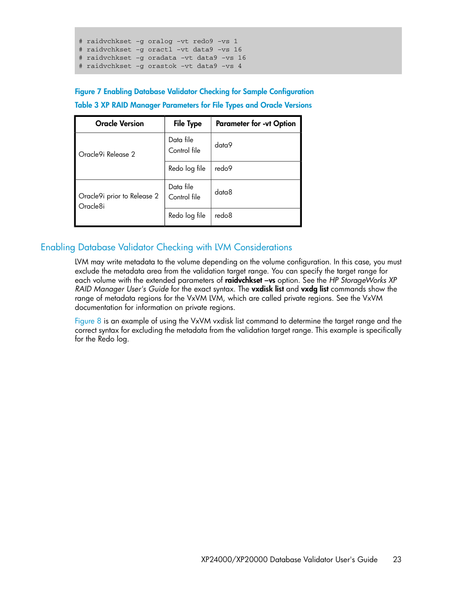 Figure 7, Hp xp raid manager parameters, For file types and oracle versions | HP XP Array Manager Software User Manual | Page 23 / 36