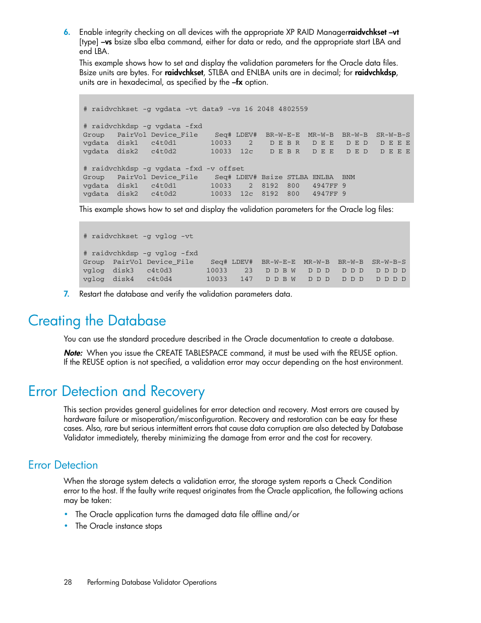 Creating the database, Error detection and recovery, Error detection | 28 error detection and recovery | HP XP Array Manager Software User Manual | Page 28 / 36