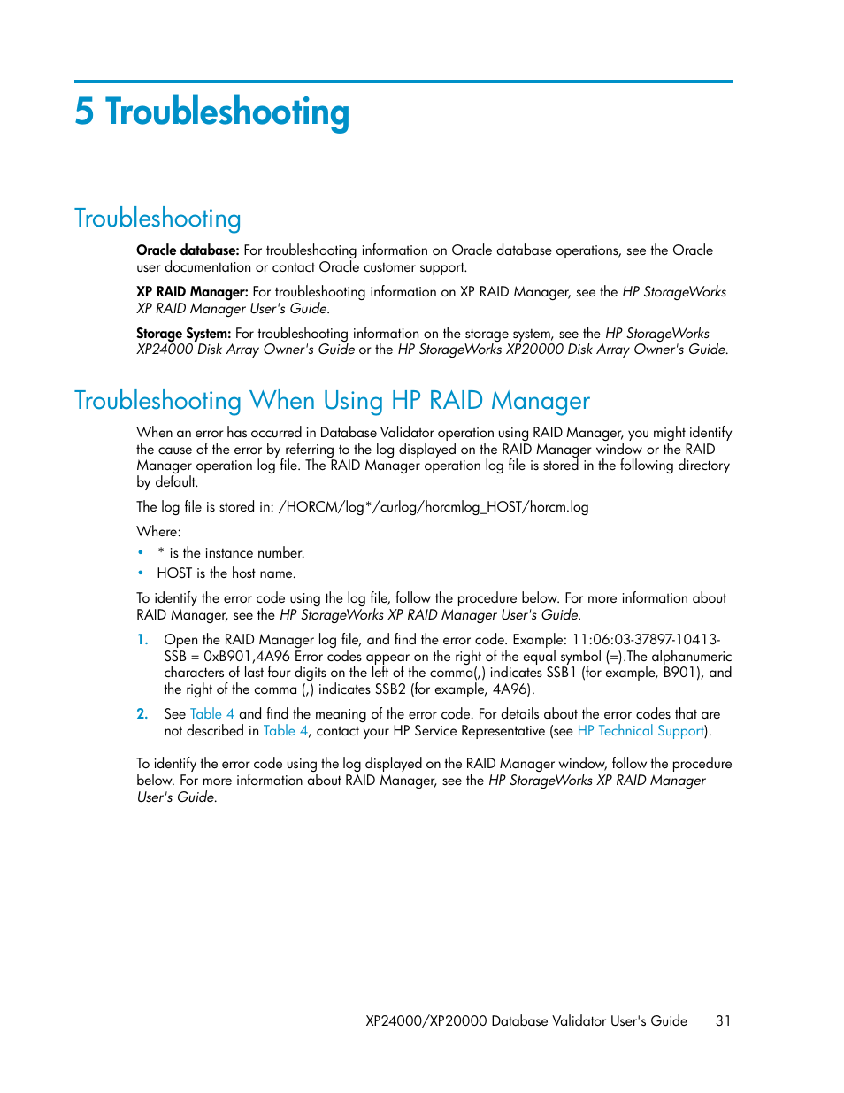 5 troubleshooting, Troubleshooting, Troubleshooting when using hp raid manager | 31 troubleshooting when using hp raid manager | HP XP Array Manager Software User Manual | Page 31 / 36