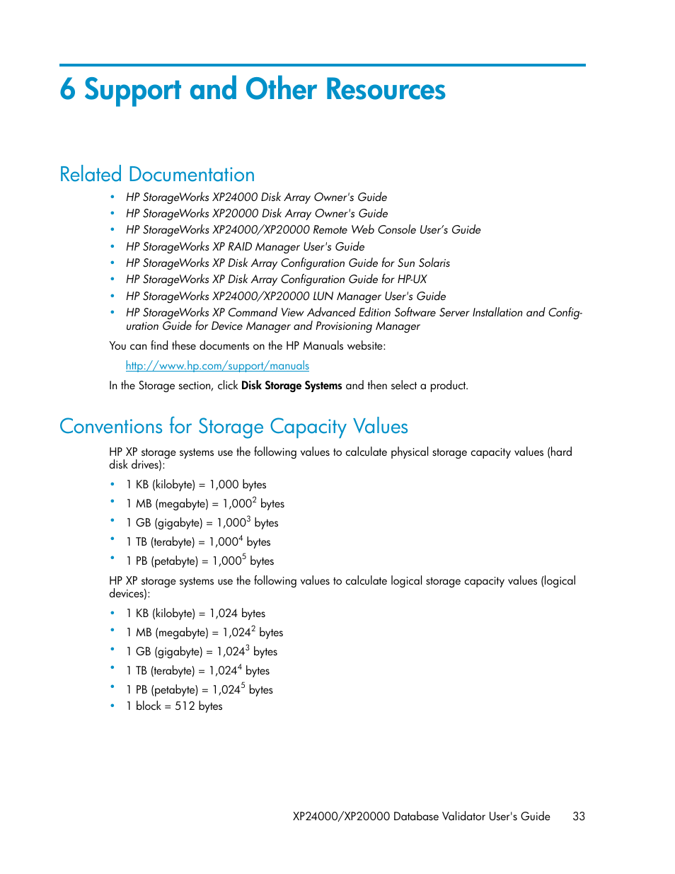 6 support and other resources, Related documentation, Conventions for storage capacity values | 33 conventions for storage capacity values | HP XP Array Manager Software User Manual | Page 33 / 36
