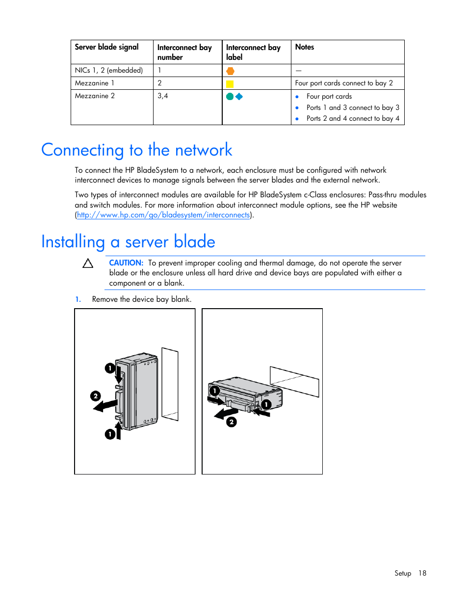 Connecting to the network, Installing a server blade | HP ProLiant BL465c G7 Server-Blade User Manual | Page 18 / 98