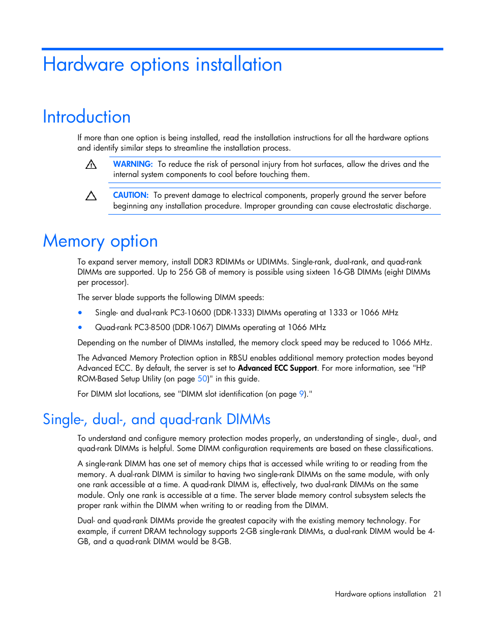 Hardware options installation, Introduction, Memory option | Single-, dual-, and quad-rank dimms, Introduction memory option | HP ProLiant BL465c G7 Server-Blade User Manual | Page 21 / 98