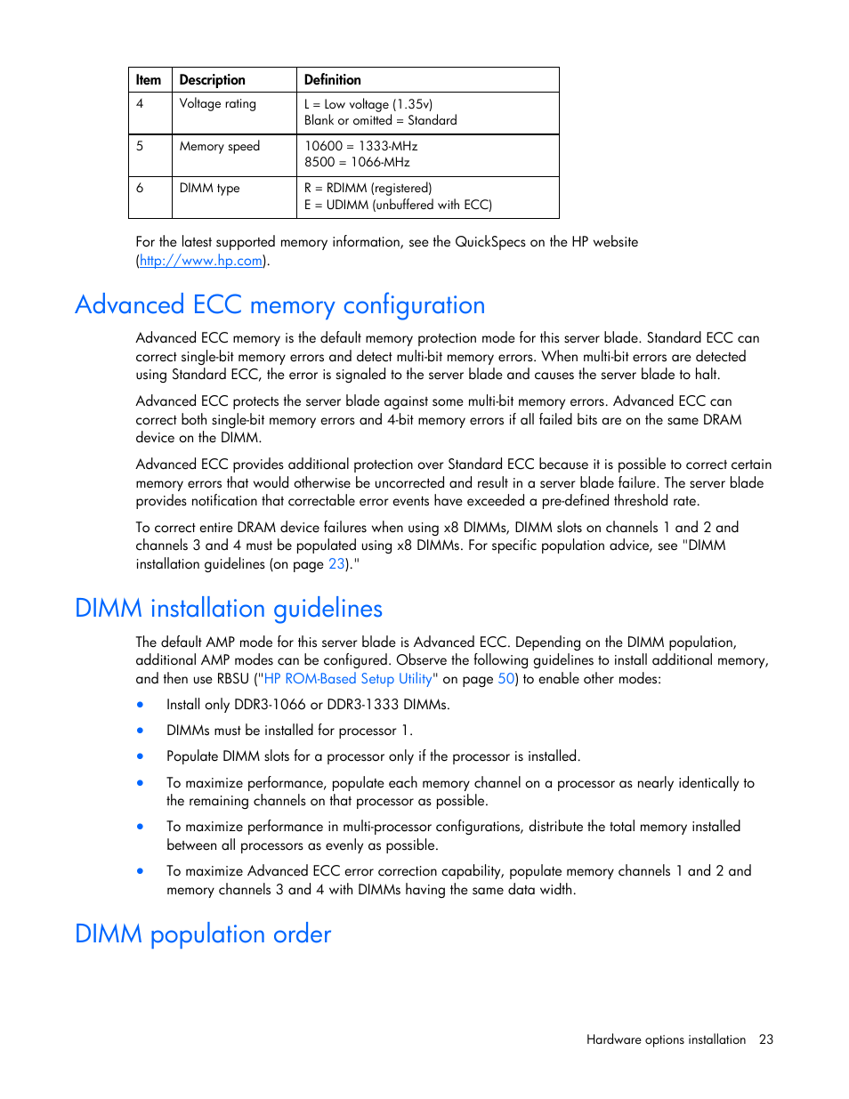 Advanced ecc memory configuration, Dimm installation guidelines, Dimm population order | HP ProLiant BL465c G7 Server-Blade User Manual | Page 23 / 98