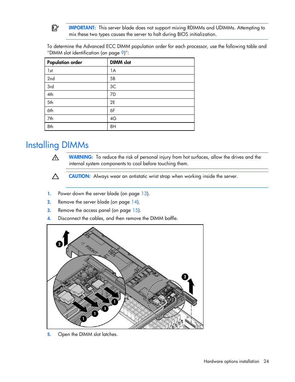 Installing dimms | HP ProLiant BL465c G7 Server-Blade User Manual | Page 24 / 98