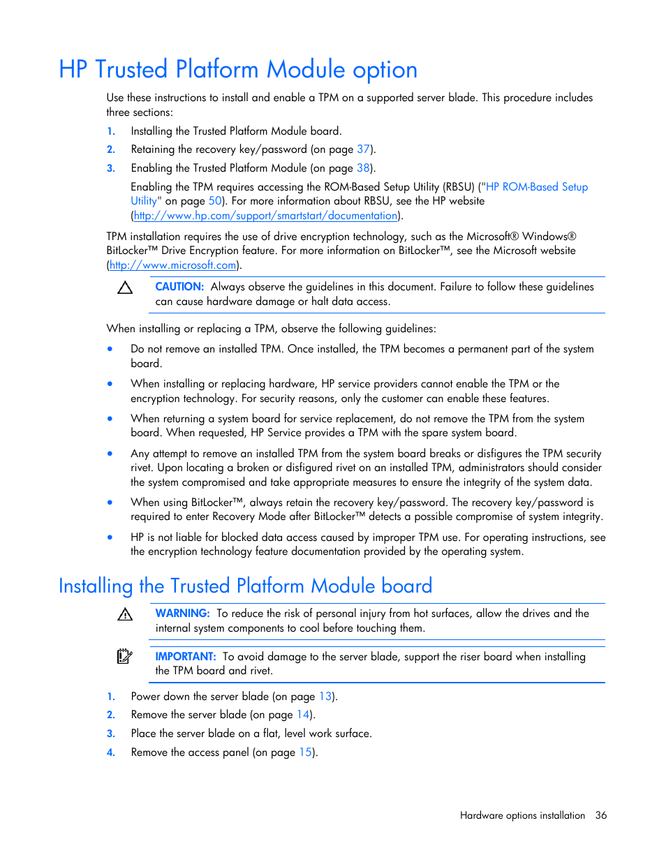 Hp trusted platform module option, Installing the trusted platform module board | HP ProLiant BL465c G7 Server-Blade User Manual | Page 36 / 98
