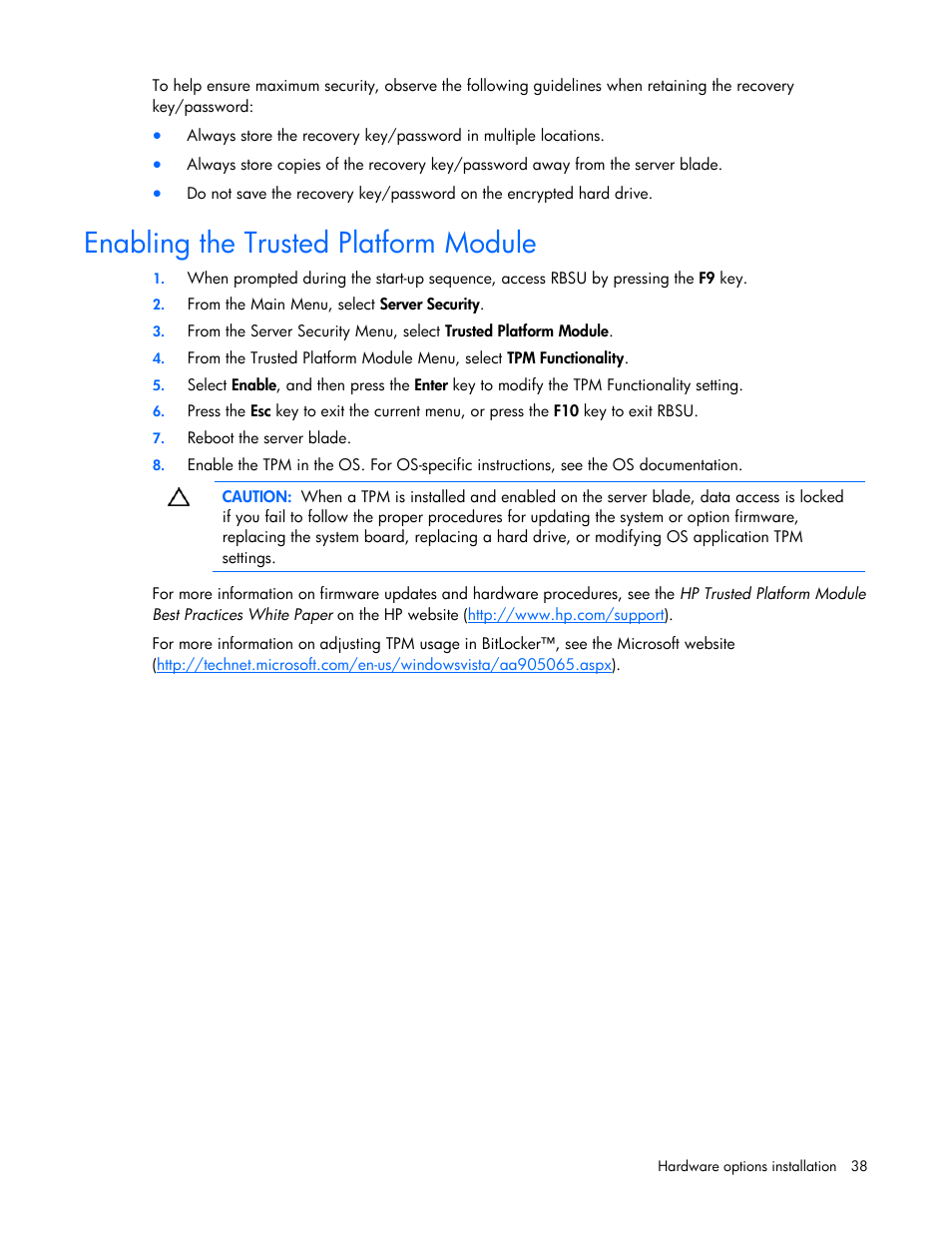 Enabling the trusted platform module | HP ProLiant BL465c G7 Server-Blade User Manual | Page 38 / 98