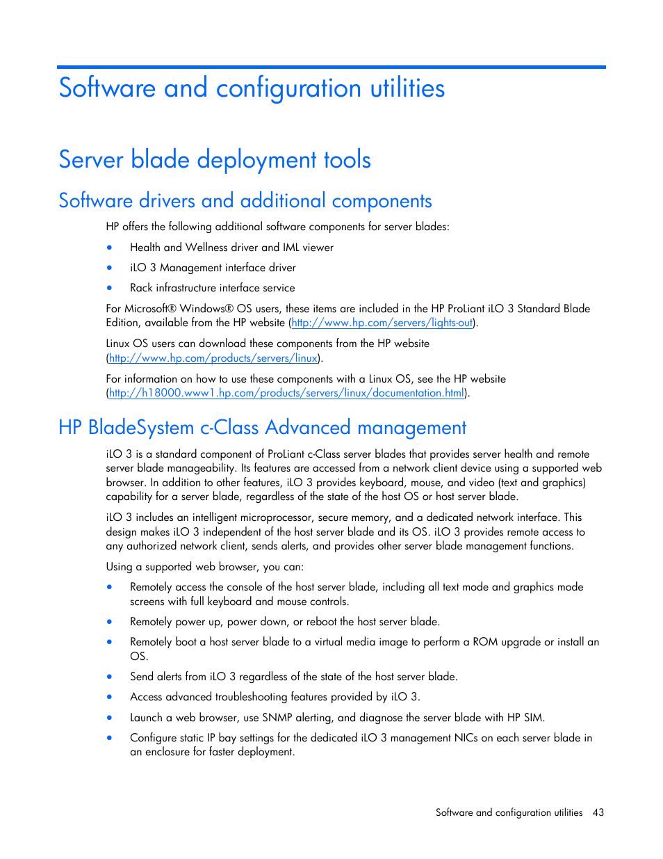 Software and configuration utilities, Server blade deployment tools, Software drivers and additional components | Hp bladesystem c-class advanced management | HP ProLiant BL465c G7 Server-Blade User Manual | Page 43 / 98