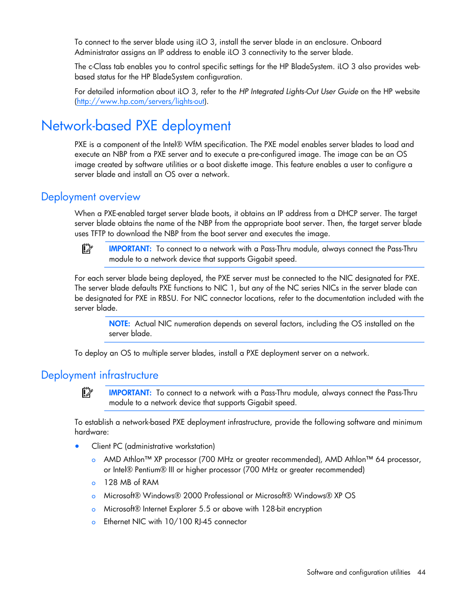 Network-based pxe deployment, Deployment overview, Deployment infrastructure | HP ProLiant BL465c G7 Server-Blade User Manual | Page 44 / 98