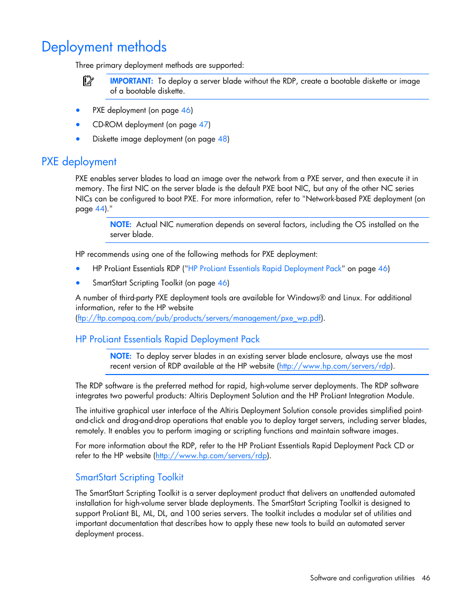 Deployment methods, Pxe deployment, Hp proliant essentials rapid deployment pack | Smartstart scripting toolkit | HP ProLiant BL465c G7 Server-Blade User Manual | Page 46 / 98