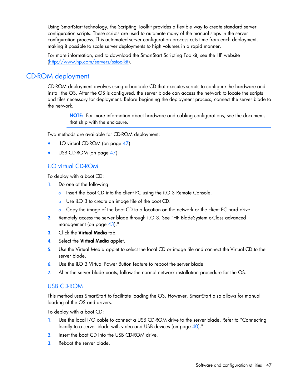 Cd-rom deployment, Ilo virtual cd-rom, Usb cd-rom | HP ProLiant BL465c G7 Server-Blade User Manual | Page 47 / 98