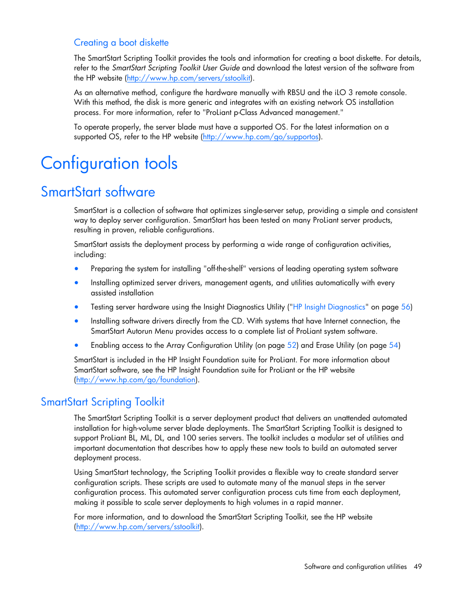 Creating a boot diskette, Configuration tools, Smartstart software | Smartstart scripting toolkit | HP ProLiant BL465c G7 Server-Blade User Manual | Page 49 / 98